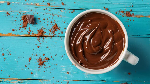 a cup of chocolate with chocolate on it and a bowl of cinnamon sticks on the side