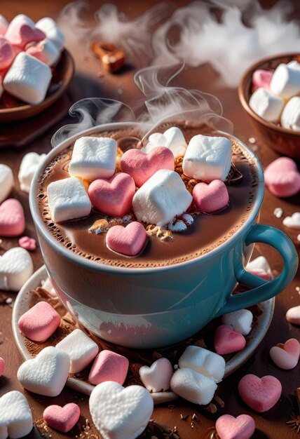 Photo a cup of chocolate with heart shaped cookies and marshmallows on top of it