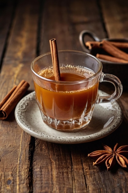 a cup of cinnamon drink with cinnamon sticks on a wooden table