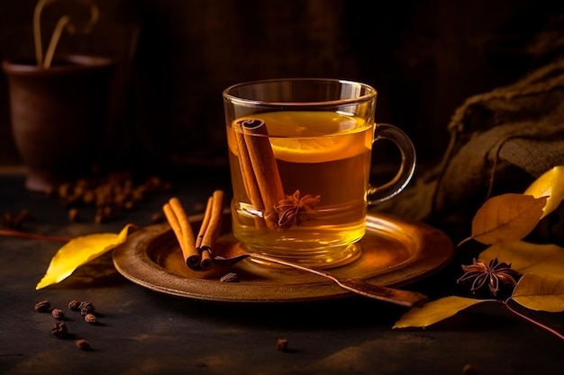 A cup of cinnamon tea with cinnamon sticks on a plate