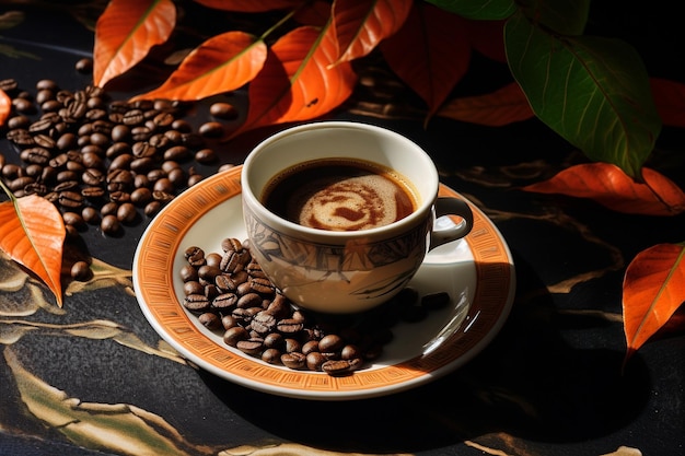 Cup of coffe with milk on a dark background Hot latte or Cappuccino prepared with milk on a wooden