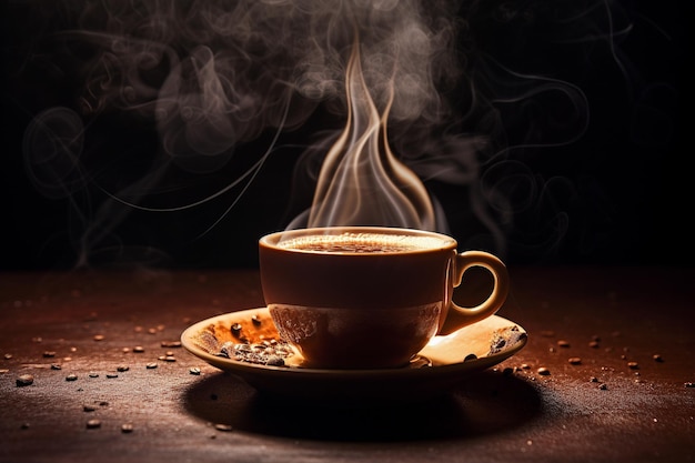 Cup of coffe with milk on a dark background Hot latte or Cappuccino prepared with milk on a wooden