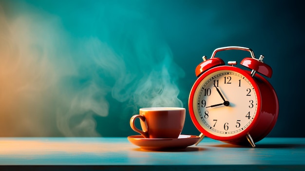 Cup of coffee and alarm clocks on the table Generative AI