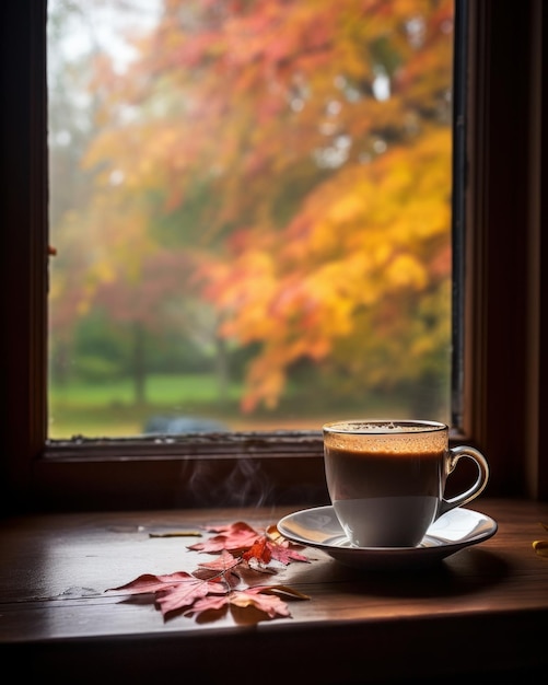 Cup of coffee and autumn leaves on the windowsill Autumn background