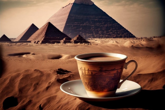 A cup of coffee on the background of the pyramids of Giza Generative AI