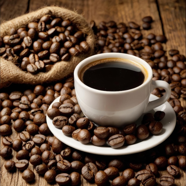 a cup of coffee and a bag of coffee on a wooden table