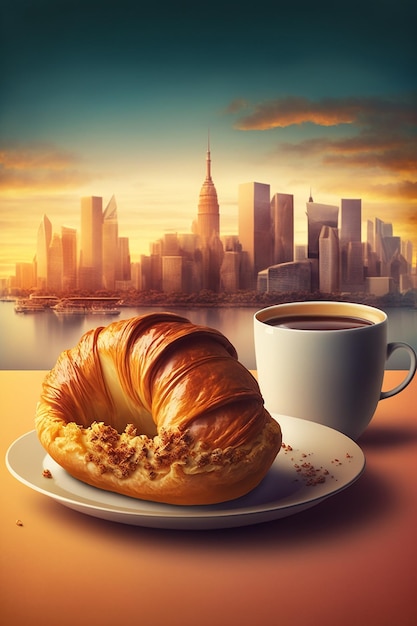 A cup of coffee and a bagel on a plate next to a cup of coffee.