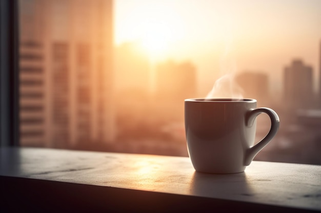 A cup of coffee on a balcony with a city in the background