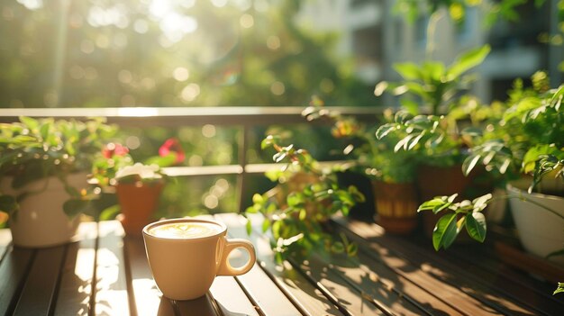 a cup of coffee on a balcony with plants and flowers