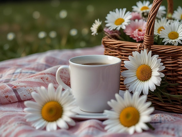 a cup of coffee and a basket of daisies on a table