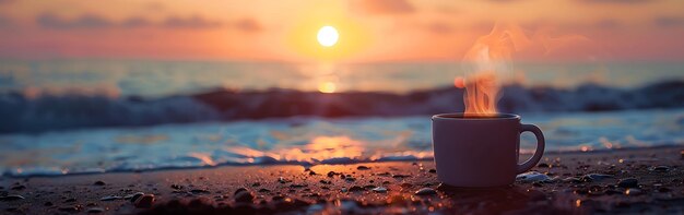 Photo a cup of coffee on a beach