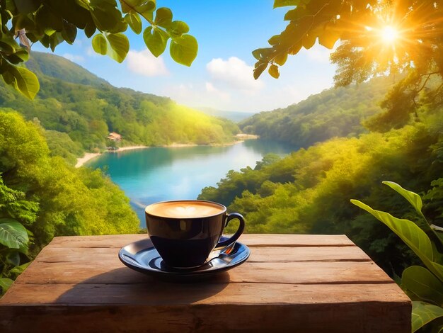 cup of coffee in a beautiful natural setting copy space