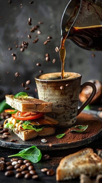 Photo a cup of coffee being poured into a sandwich