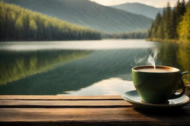 A cup of coffee beside lake with forest background