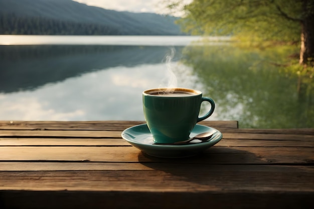 A cup of coffee beside lake with forest background