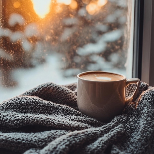 Photo a cup of coffee and a blanket on a window sill