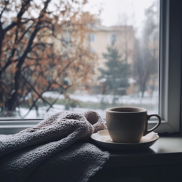 Photo a cup of coffee and a blanket on a window sill