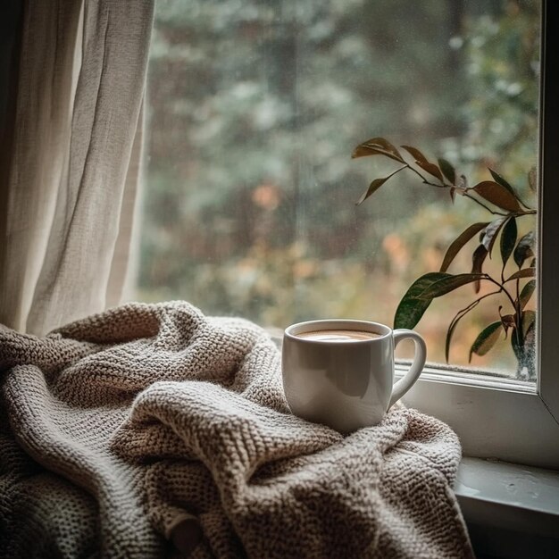 Photo a cup of coffee and a blanket on a window sill