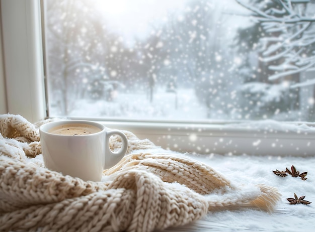 a cup of coffee and a blanket on a window sill