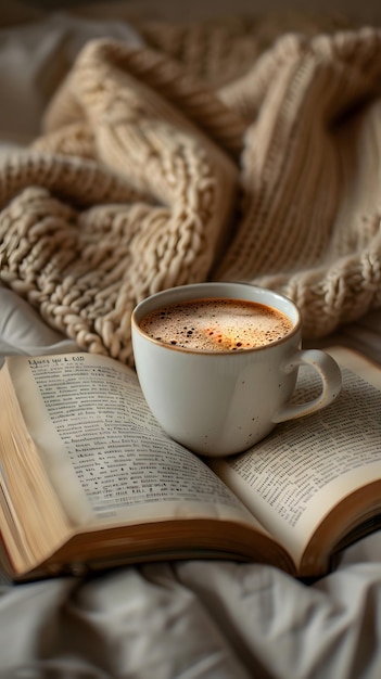 A cup of coffee and a book on a bed