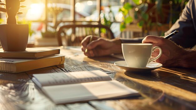 a cup of coffee and a book on a table with a persons hand