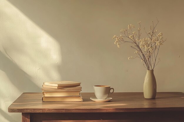 Photo a cup of coffee and a book on a table with the sun shining on the wall