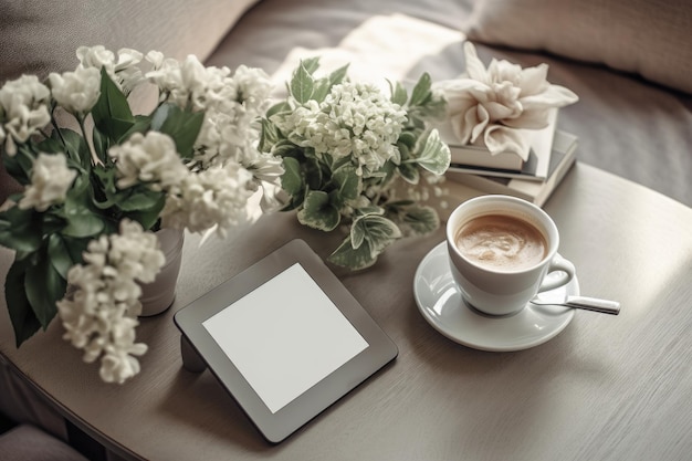 A cup of coffee and a book on a table