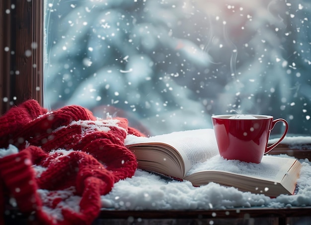 Photo a cup of coffee and a book on a window sill