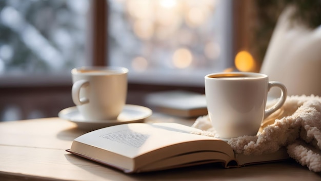 a cup of coffee and a book on a winter morning