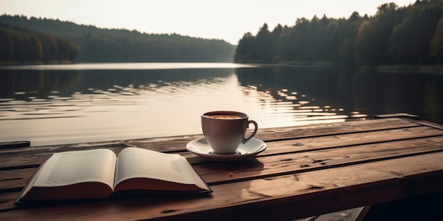 Cup of coffee and book on wooden pier on summer lake