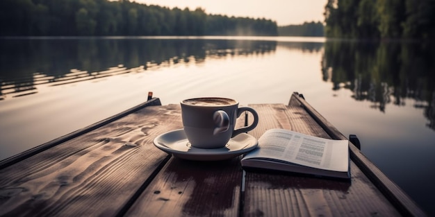 Cup of coffee and book on wooden pier on summer lake