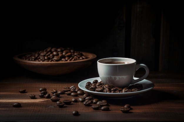 A cup of coffee and a bowl of coffee beans