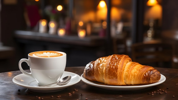 cup of coffee and bread on blur background