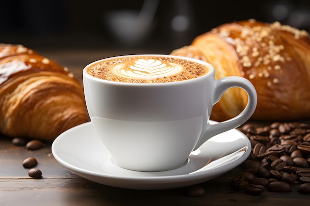 cup of coffee and bread on blur background