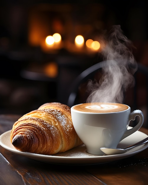 cup of coffee and bread on blur background