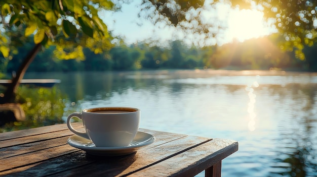 A Cup of Coffee by a Serene Lake at Sunset