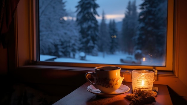 Cup of Coffee and Candle on Table in Front of Window