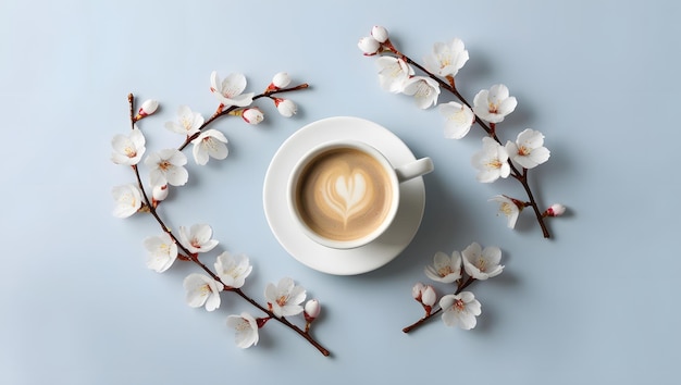 a cup of coffee and a cherry tree on a table