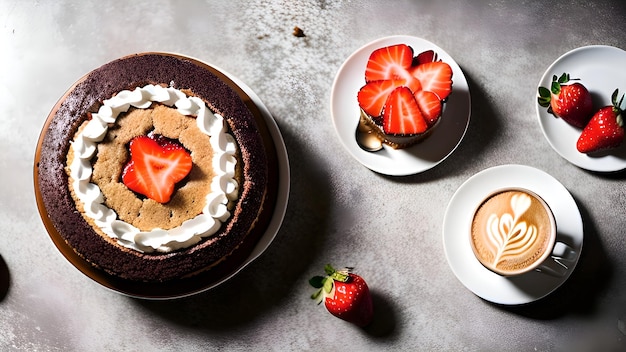 A cup of coffee and a chocolate cake with a strawberry on top