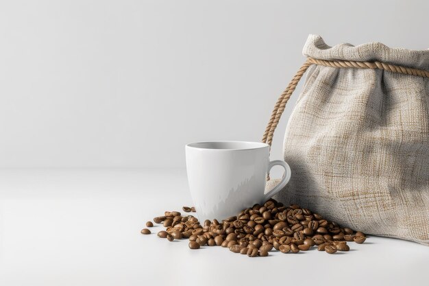 Photo cup of coffee and cloth bag with coffee beans