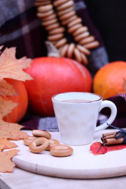 A cup of coffee or cocoa against the background of an autumn composition, still life. Harvest season