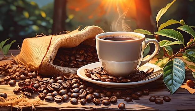 A cup of coffee coffee bean around in the table with jute bag