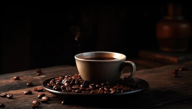 Cup of coffee and coffee beans on old wooden table and black grunge background Generative AI