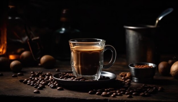 Cup of coffee and coffee beans on old wooden table and black grunge background Generative AI