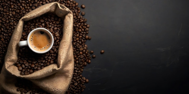 cup of coffee and coffee beans in a sack black background