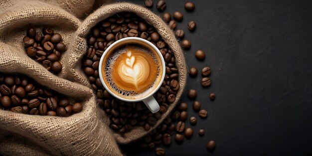 cup of coffee and coffee beans in a sack black background