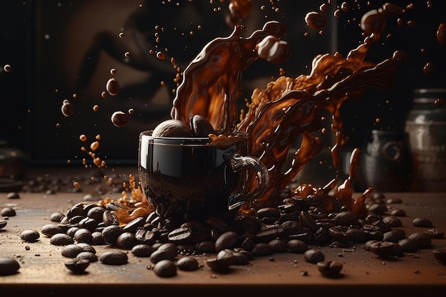 A cup of coffee and coffee beans with the word coffee on it