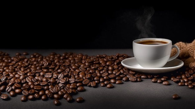 Cup of coffee and coffee beans on a wooden table space for text