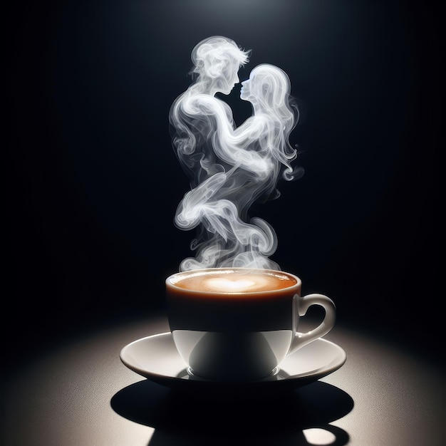 a cup of coffee the coffee soft white smoke rises up from the cup and is transformed into a couple