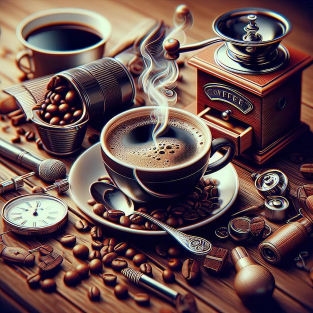 a cup of coffee and coffee on a table with a coffee maker in the background